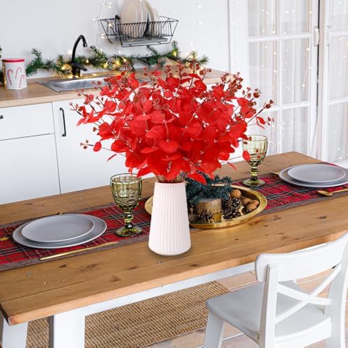 DIYDEC 18Pcs Christmas Artificial Flowers 2 Styles Red Xmas Eucalyptus Stems for Table Centerpieces Faux Eucalyptus Leaves Branches for Christmas Tree Home Party Decoration