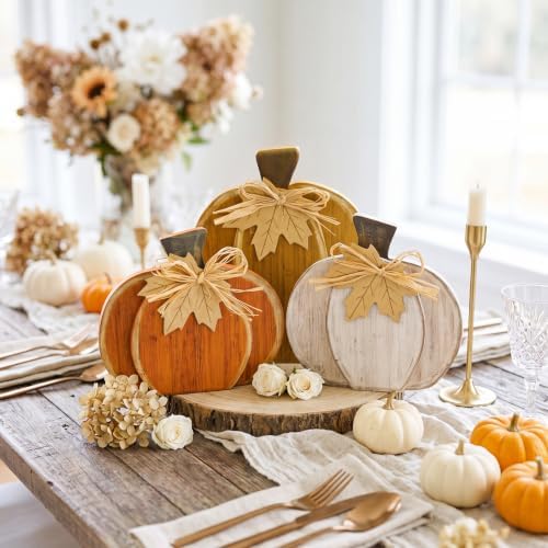 Cinnvoice 3 Pcs Fall Pumpkin Decor Fall Wooden Signs 3D Pumpkin Tabletop Signs Farmhouse Thanksgiving Tiered Tray Decorations for Home Harvest(Rustic,Yellow Orange,7.3" 9")