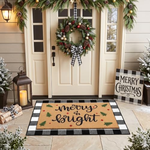Tinideya 2 Pcs Christmas Door Mat Outdoor Layered Merry Bright Welcome Mat