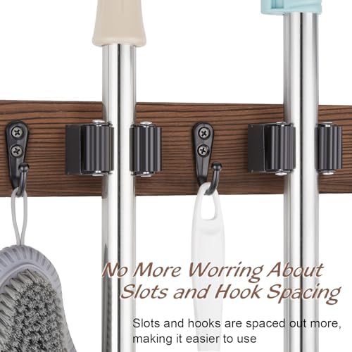 OUTNILI 2 Pack Mop Broom Holder Wall Mount with 3 Slots & 4 Hooks - Rustic Wood Broom Mop Hanger for Pantry Kitchen