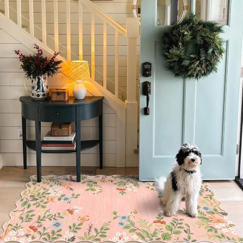Pink Floral Entry Rug, 3x5 Ft Indoor Outdoor Mats for Front Door