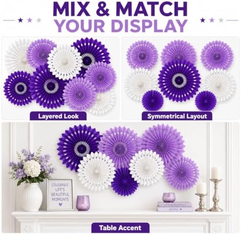 Purple White Hanging Honeycomb Round Paper Fans Halloween Decoration Kit for Baby Boy Shower Birthday Wedding Under The Purple Theme Photo Booth Backdrops Paper Party Supplies 11 Count