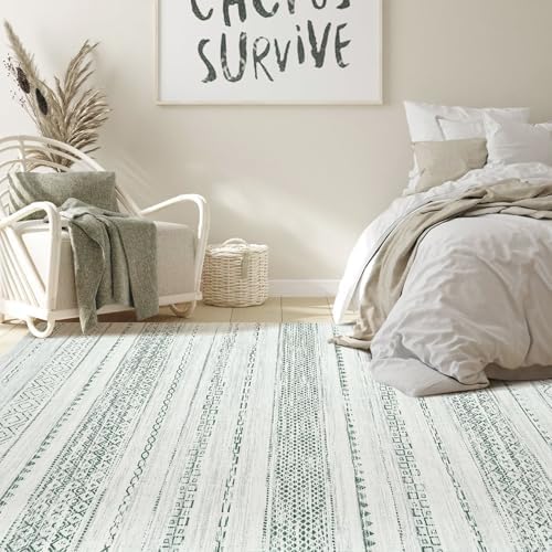 Nakagishi Green Rug Living Room Rugs: 8x10 Washable Boho Large Neutral Soft Farmhouse Stain Resistant Modern Non Slip