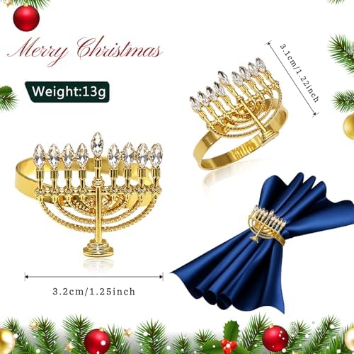 Hanukkah Menorah Napkin Rings Set of 12 for Chanukah Christmas Eve Thanksgiving New Year Family Dining,Candlestick Napkin Rings Holder for Jewish Themed Wedding Brithday Holiday Table Decor