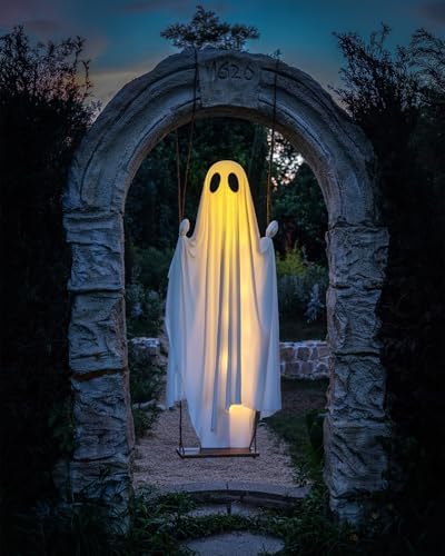 Halloween Decorations Outdoor - 5 FT Large Hanging Swing Ghost Halloween Decor with String Lights, Spooky Cute Ghosts Decorations for Front Porch Yard Tree