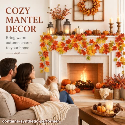 RAINFLOW Fall Garland for Mantle - Maple Leaf Garland 3PCS Each 3.27FT