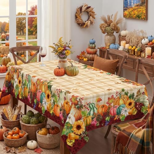 Fall Plaid Tablecloth Rectangle 60 x 120 Inch, Stain Resistant Washable Fabric Autumn Harvest Pumpkin Tablecloths Rectangular Fall Table Cloth Rectangle Table Cover for Kitchen Dining Party