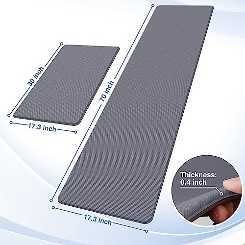 StepRite Kitchen Mats for Floor, 2-Piece Anti-Fatigue Kitchen Rugs, Grey
