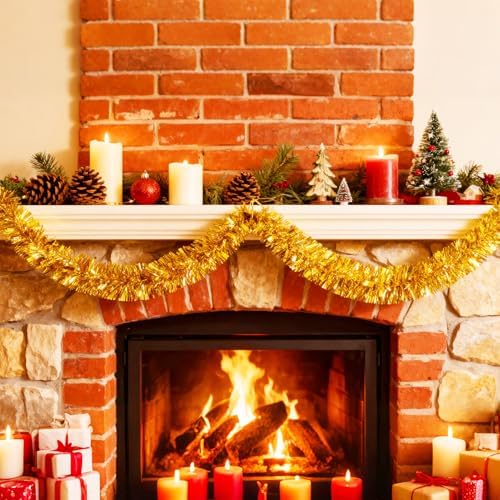 50Ft Gold Christmas Garland Decorations,Xams Tinsel Stems Non-Lit Soft Twist Garland Decor for Tree Stairs Railing Front Door Mantle Fireplace Indoor Outdoor Holiday Home