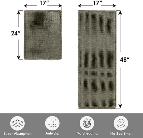 MIULEE Set of 2 Waffle Bathroom Rugs Boho Bath Mat Green 17"x24"+17"x48"