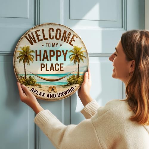 Welcome To My Happy Place Wooden Hanging Sign for House Front Door, Lake Beach House Welcome Sign for Porch Garden Patio