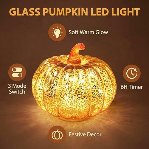 Fall Decorations for Home,Mercury Glass Pumpkin Lights with Timer(Gold)
