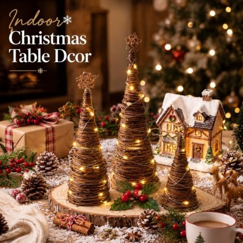 Rattan Woven Christmas Cone Tree Lighted Fireplace Mantle Decor