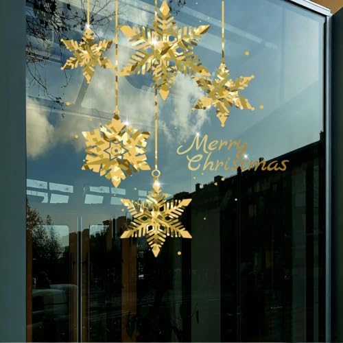 Christmas Tree Window Clings Stickers for Glass, Golden Christmas Snowflake Windows Static Stickers, DIY Wall Window Door Mural Showcase Decal Sticker (Style B)