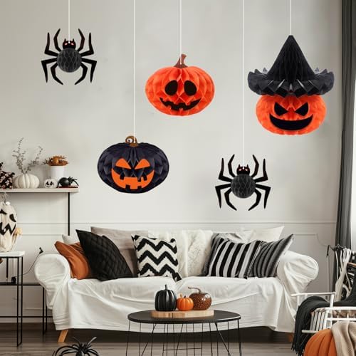 Konsait Halloween Hanging Decorations - 5 Pack Paper 3D Spider Pumpkin Decor with Facial Expressions Stickers for Indoor Outdoor Halloween Decorations