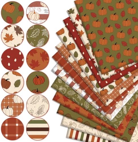 Whaline 12 Pcs Boho Fall Fabric Squares Cotton Fabric Bundles Green Brown Pumpkin Maple Leaf Plaid Sewing Fabrics for Autumn Thanksgiving DIY Handmade Craft Decor, 10 x 10 Inch