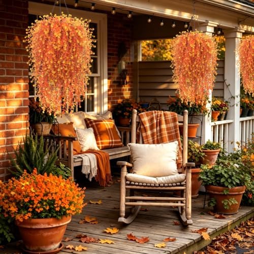 2 Set Fall Artificial Flower Hanging Baskets for Outdoors, UV Resistant