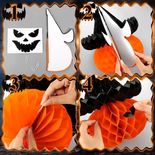 Fourluoo 6 Pcs Halloween Pumpkin Witch Hat Paper Honeycomb Centerpieces