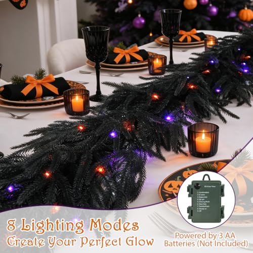 9FT Soft Touch Black Norfolk Pine Halloween Garland with Timer Lights