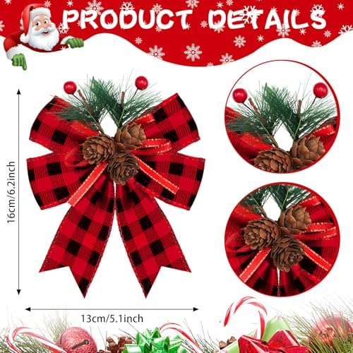 Syhood 6 Pcs Christmas Bows Xmas Velvet Bows Tree Decor, Buffalo Plaid