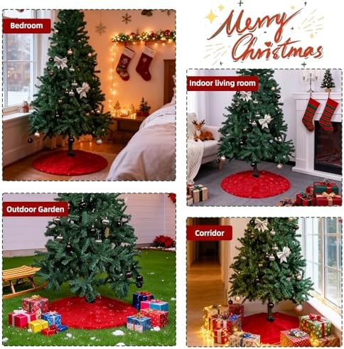 Christmas Tree Skirt Red, 36 Inch Large Soft Plush Xmas Tree Skirts, Double Layer Luxury Tree Skirt w/Silver Snowflake Sequin, Christmas Trees Decoration for Holiday Party Indoor Party Home Decor