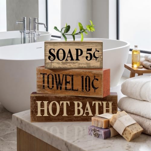 Moucuny 4 Pcs Rustic Bathroom Shelf Decor Wooden Block Signs, Farmhouse