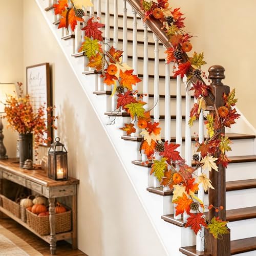 6FT Fall Maple Leaf Garland with Mini Pumpkins Pinecones & Red Berries, Artificial Autumn Leaves Garland for Thanksgiving Autumn Mantel Fireplace Stair Railing Front Door Farmhouse Decor