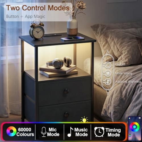 LOAKEKEL Nightstands Set of 2, LED Night Stand with Charging Station