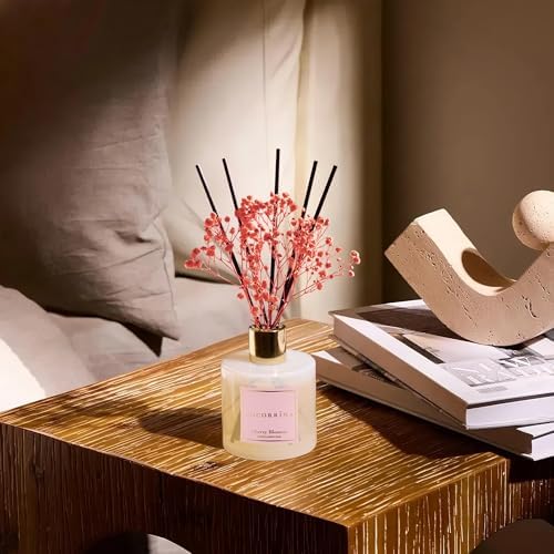 COCORRÍNA Reed Diffuser - Cherry Blossom 6.7 Fl.oz Reed Diffuser Set with Sticks & Preserved Baby's Breath, Reed