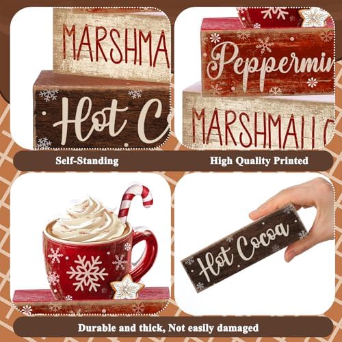 Moucuny 4 Pcs Hot Cocoa Wooden Signs Farmhouse Tiered Tray Decor