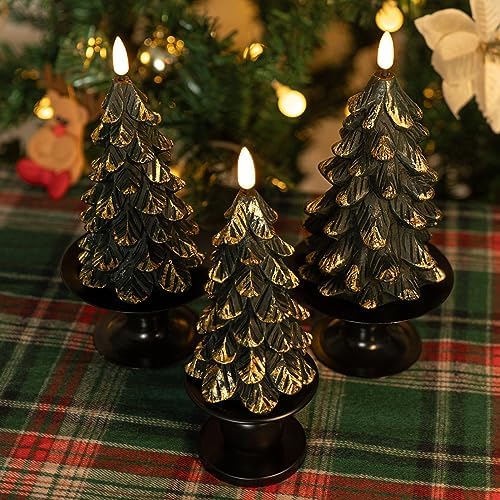 Green Christmas Tree Shaped Flameless Candles with Timer, Real Wax 3D Wick Flickering Battery Operated LED Candles for Christmas Home Party Decoration Set of 3