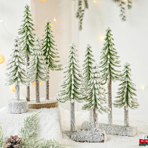 Mini Christmas Trees, Snow Frost Trees with Wood Base Bottle Brush Trees Plastic Winter Snow Ornaments Tabletop Artificial Trees for Christmas Party Home Decoration (B)