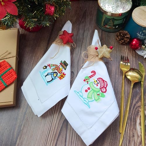 HCRAFT Embroidered Cotton Table Napkin, Cloth Napkins Set of 4 18"x18" Snowman Napkin Square Fabric, Dining Room, Napkins Cloth Machine Washable, Christmas Napkins, Great Present Ideas
