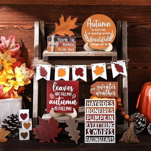 FairySandy 19 Pcs Fall Tiered Tray Decor Set, Maple Leaf