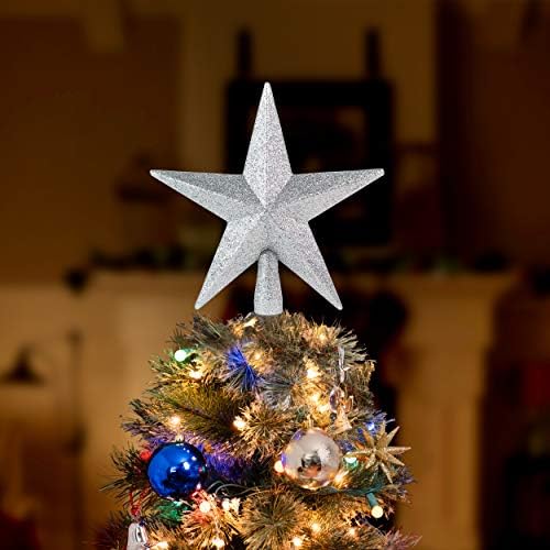 Glitter Star Christmas Tree Topper - 8" Silver Xmas Holiday Decor Ornament