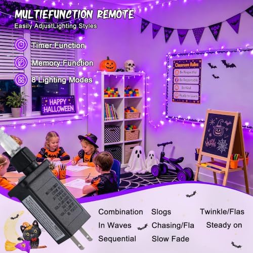 JMEXSUSS 200 LED Purple Halloween String Lights Indoor Outdoor Clear Wire