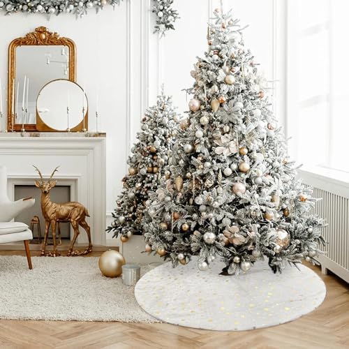 Christmas Tree Skirt Velvet White 48 inch Large Soft Christmas Tree Mat with Gold Star Pattern for Indoor Outdoor Xmas Holiday Party Decoration