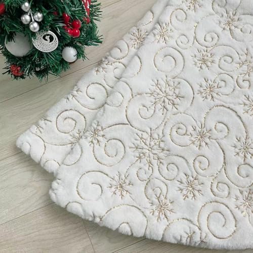 Christmas Tree Skirt 36 inch Gold Christmas Tree Skirt Embroidered Sequins Faux Fur for Xmas Holiday Home Party Decorations