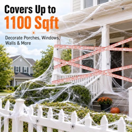 MAQIHAN 1100 Sqft Halloween Spider Webs - Outdoor Cobwebs 2PCS Caution Tape