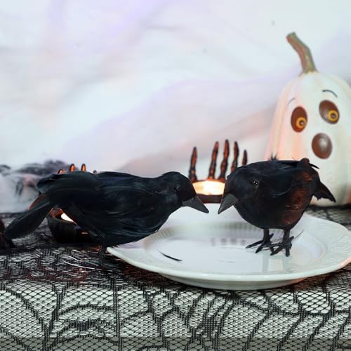 ATDAWN Halloween Birds, Black Feathered Crows, Realistic Looking Halloween Birds Decoration Birds, 6.2" (6)