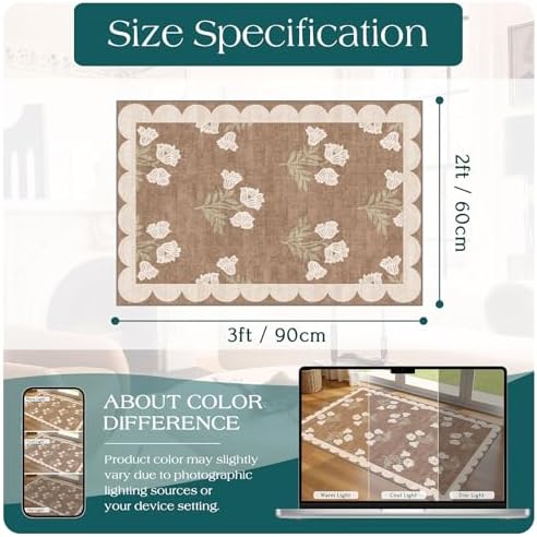Front Door Mat Outside Entrance - 2x3 Floral Non-Slip Washable Doormat Indoor Outdoor Mat Tan Neutral Farmhouse