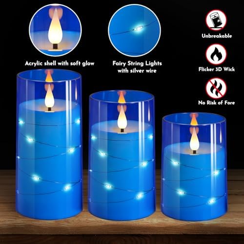 NURADA Flickering Flameless Candles: 3D Wick Built-in Star String Lights Acrylic Unbreakable Battery Operated LED Pillar Candles with Remote and Timer - 3 Pack for Wedding Valentine's Day Decor