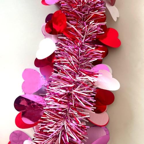 33 Ft Valentines Day Tinsel Garland Shiny Thick Tinsel Valentines Decorations Metallic Twist Foil Red White Pink Heart Garland for Anniversary Wedding Parade Floats Indoor Outdoor Decor Supplies