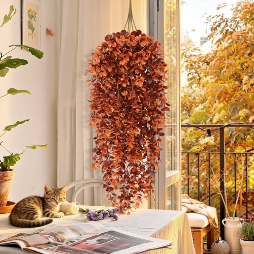 Waipfaru 4Pcs Fake Hanging Plants, Red-Brown Eucalyptus Fake Vines Ivy