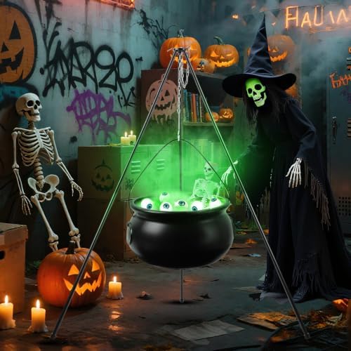 Halloween Decorations Outdoor, Large Witch Cauldron, with Large Tripod/Green Lights/Cotton/40CM Skull/Green Glowing Eyes, Witch Cauldron Magic Candy Bucket Decoration, for Porch Outdoor Party