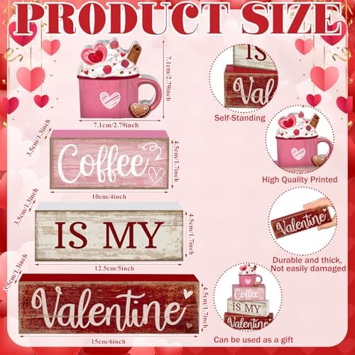 Lineshading 4 Pcs Valentine Coffee Wood Block Signs, Tiered Tray Decor