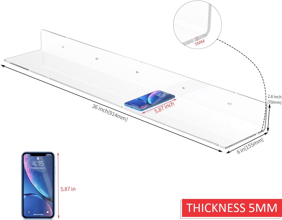 Sezanrpt 36 Inches Acrylic Wall Shelves 2 Pack, Floating Shelf for Wall Mounting, Acrylic Display Ledges for Funko Pop