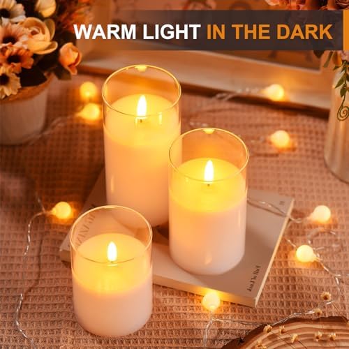 Tyawon Glass Battery Operated LED Flameless Candles with Remote and Timer, Real Wax Candles Warm Color Flickering Light