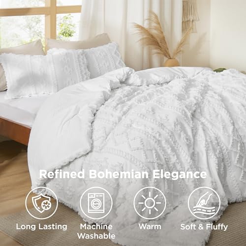 Bedsure Tufted Boho Comforter Set Full Size - Bright White Boho Bed Set, GentleSoft™ 3 Pieces Farmhouse-Style