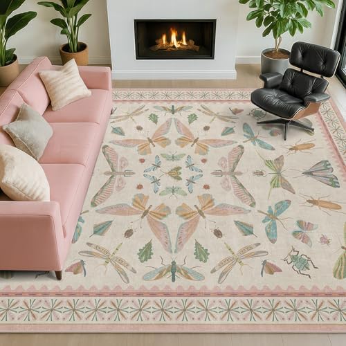 Hazo Haus Floral Pink Rugs for Bedroom Girls 6x9 - Insect Print Cute Girly Rug for Living Room, Dining Room Under